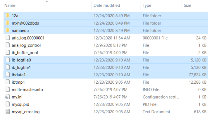 Trong VD này, copy 3 database “12a”, “mxh-bds” (@002d là dấu gạch ngang) và “namaedu” cùng 3 file ib_logfile0, ib_logfile1 và ibdata1